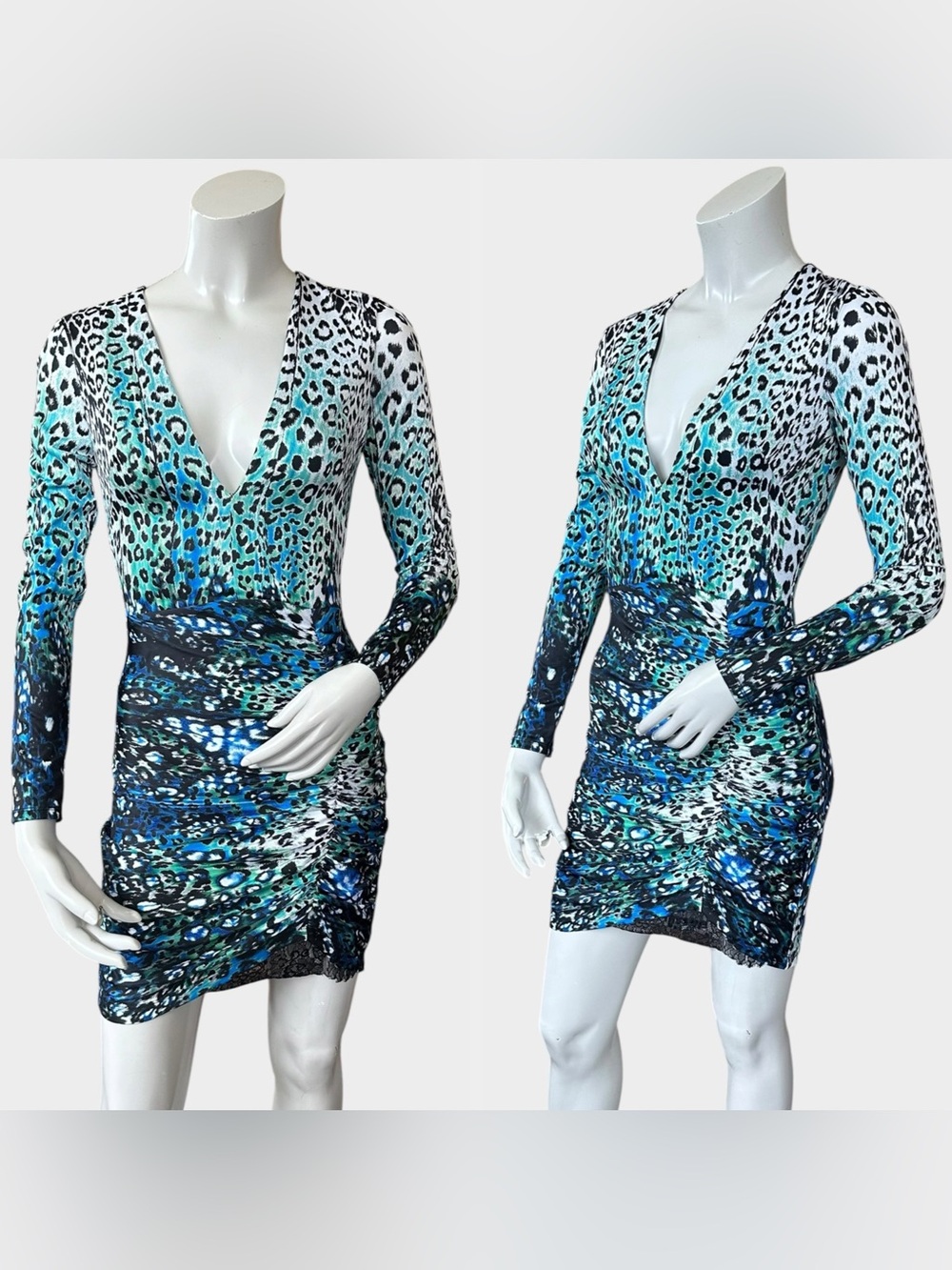 Y2K Bebe Blue Green White Leopard Print Long Sleeve V-Neck Mini Dress Size XS